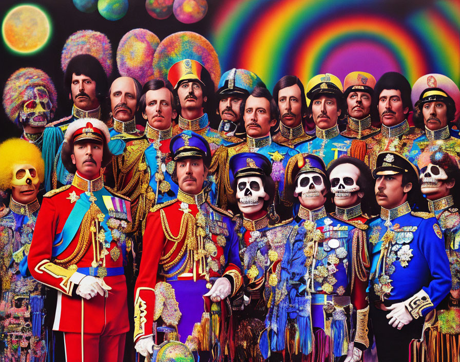 Vibrant Psychedelic Artwork: Figures in Military Uniforms with Surreal Heads on Rainbow
