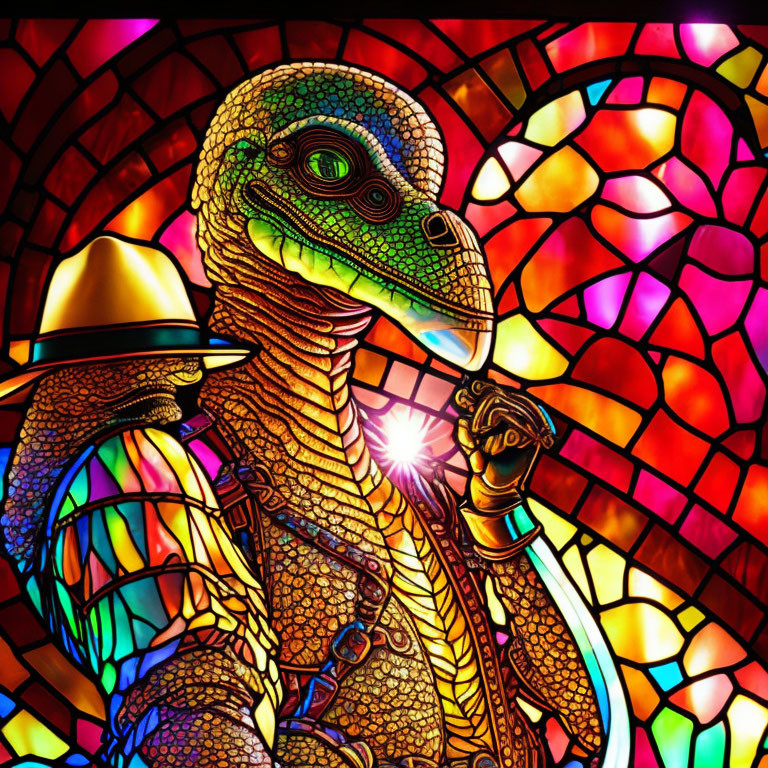 Colorful anthropomorphic dinosaur with hat and cane on stained glass backdrop