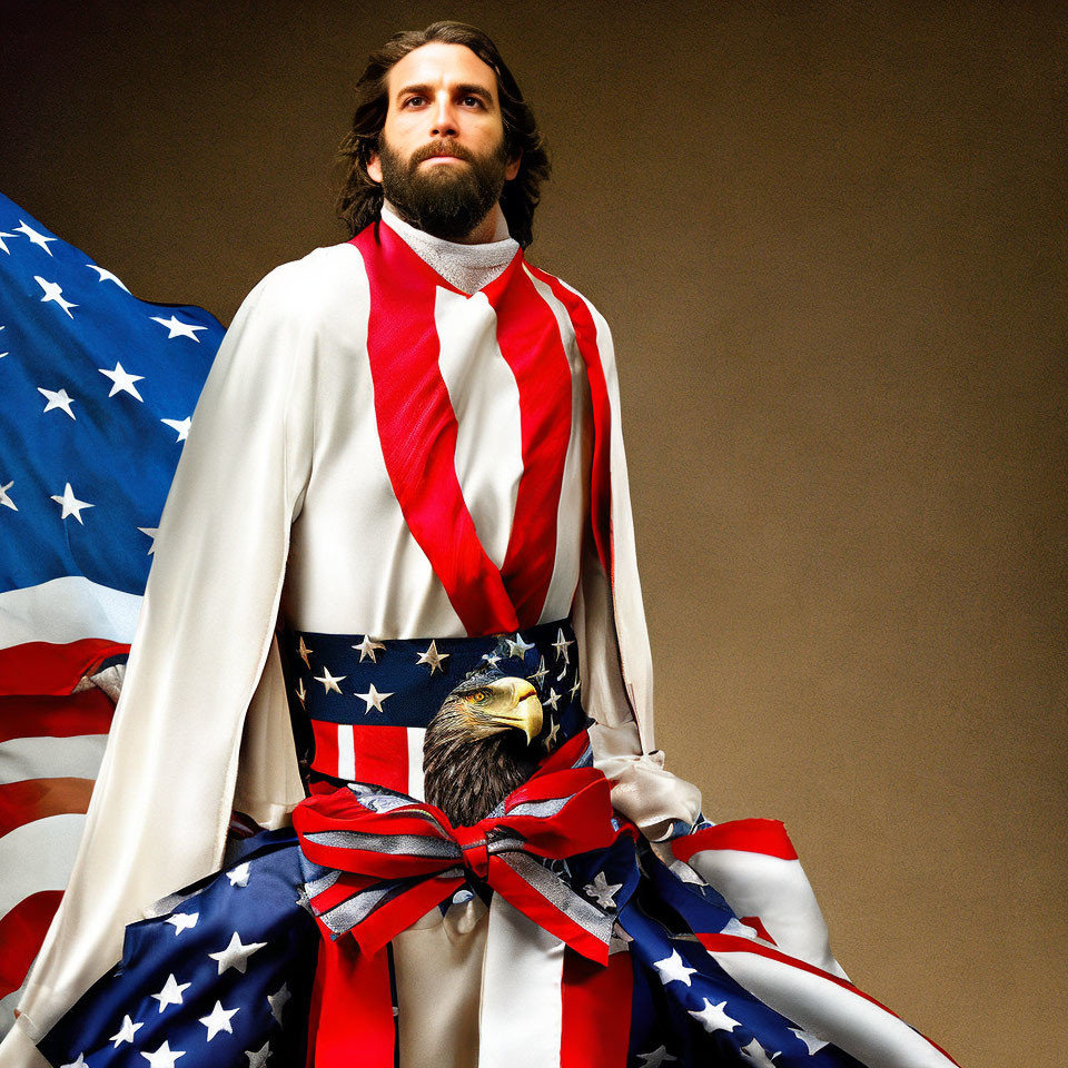 Patriotic-themed man in white outfit with American flag cape