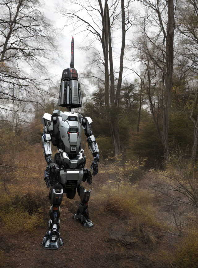Bipedal humanoid robot with armor in dim forest setting