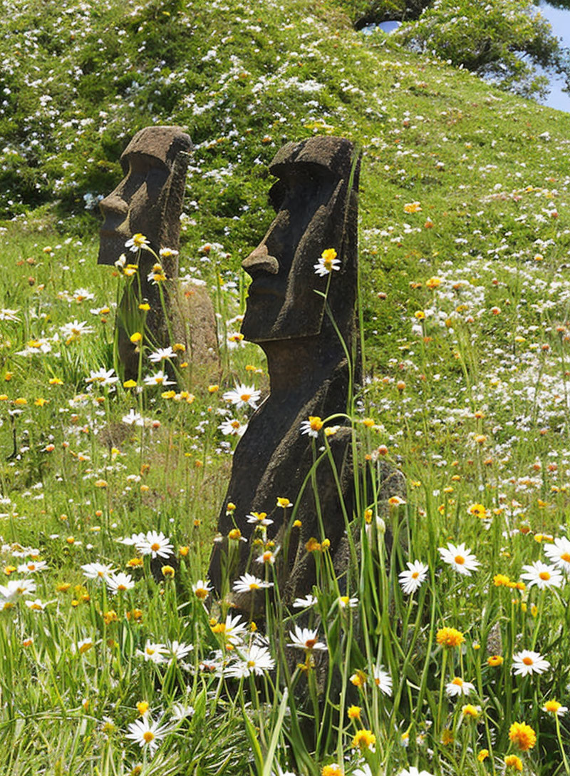 Easter Island statue with daisies