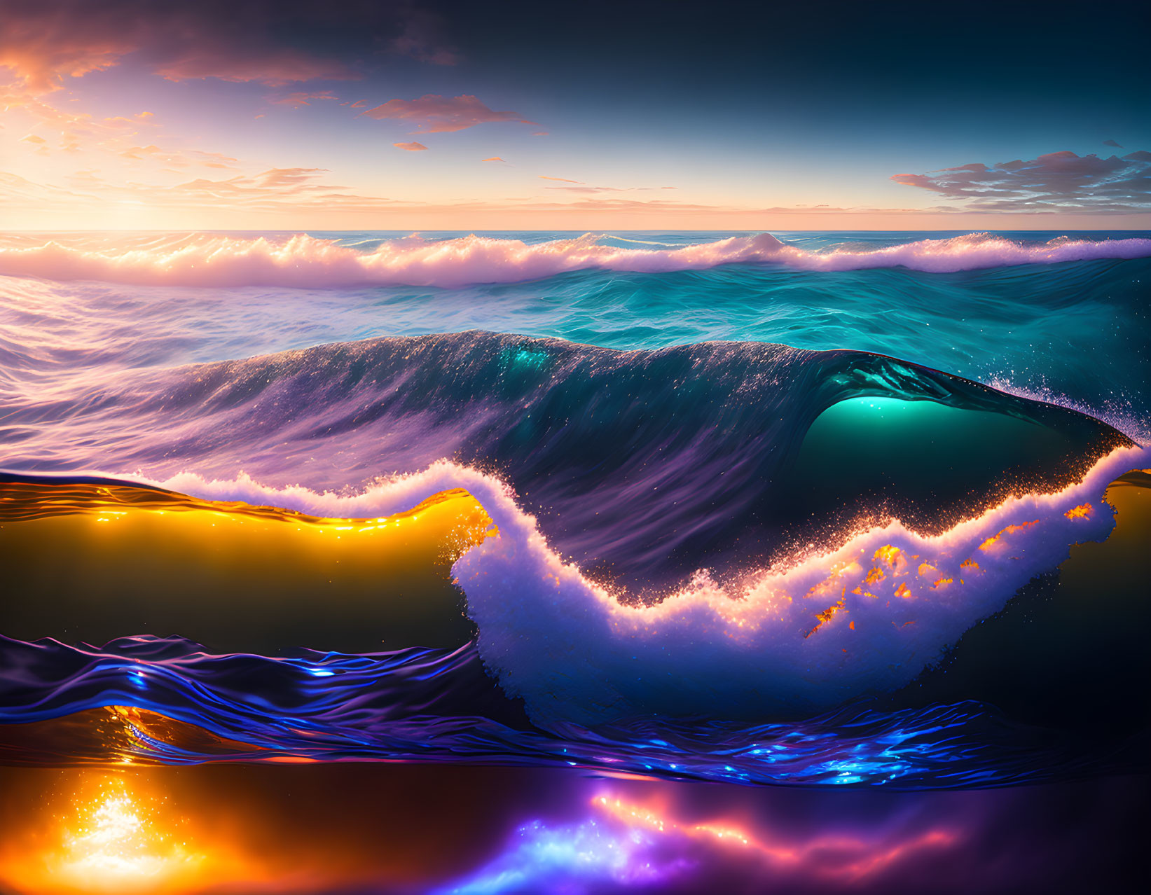 Colorful digital artwork: Large ocean wave under sunset sky