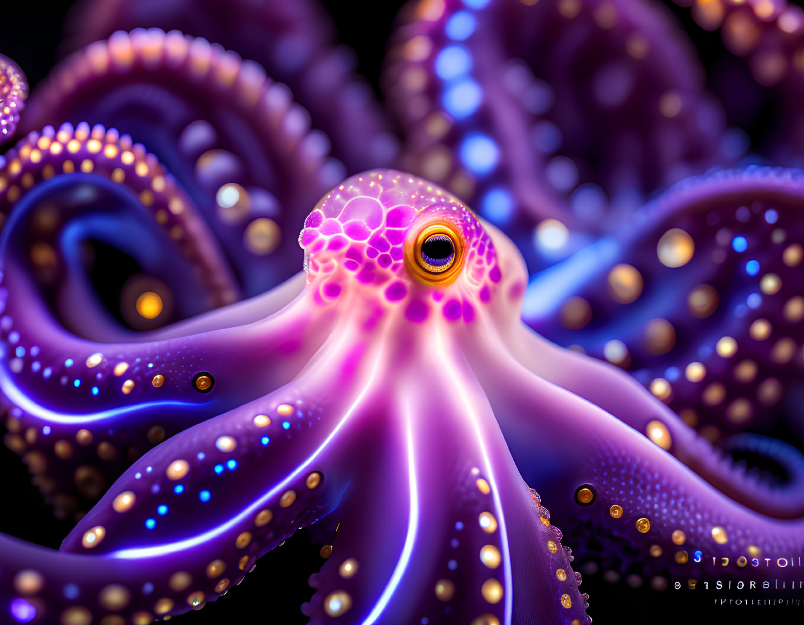 Vibrant digital art featuring a purple octopus with luminescent blue spots