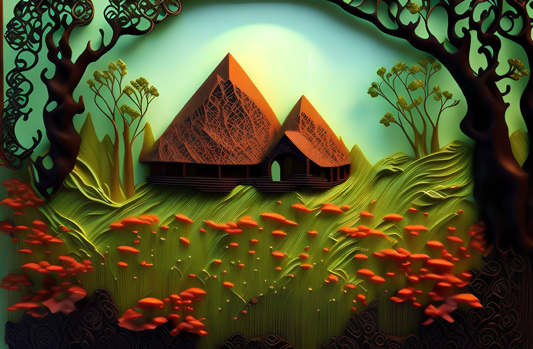 Digital art: Two huts on green landscape with orange mushrooms and silhouette trees on blue backdrop