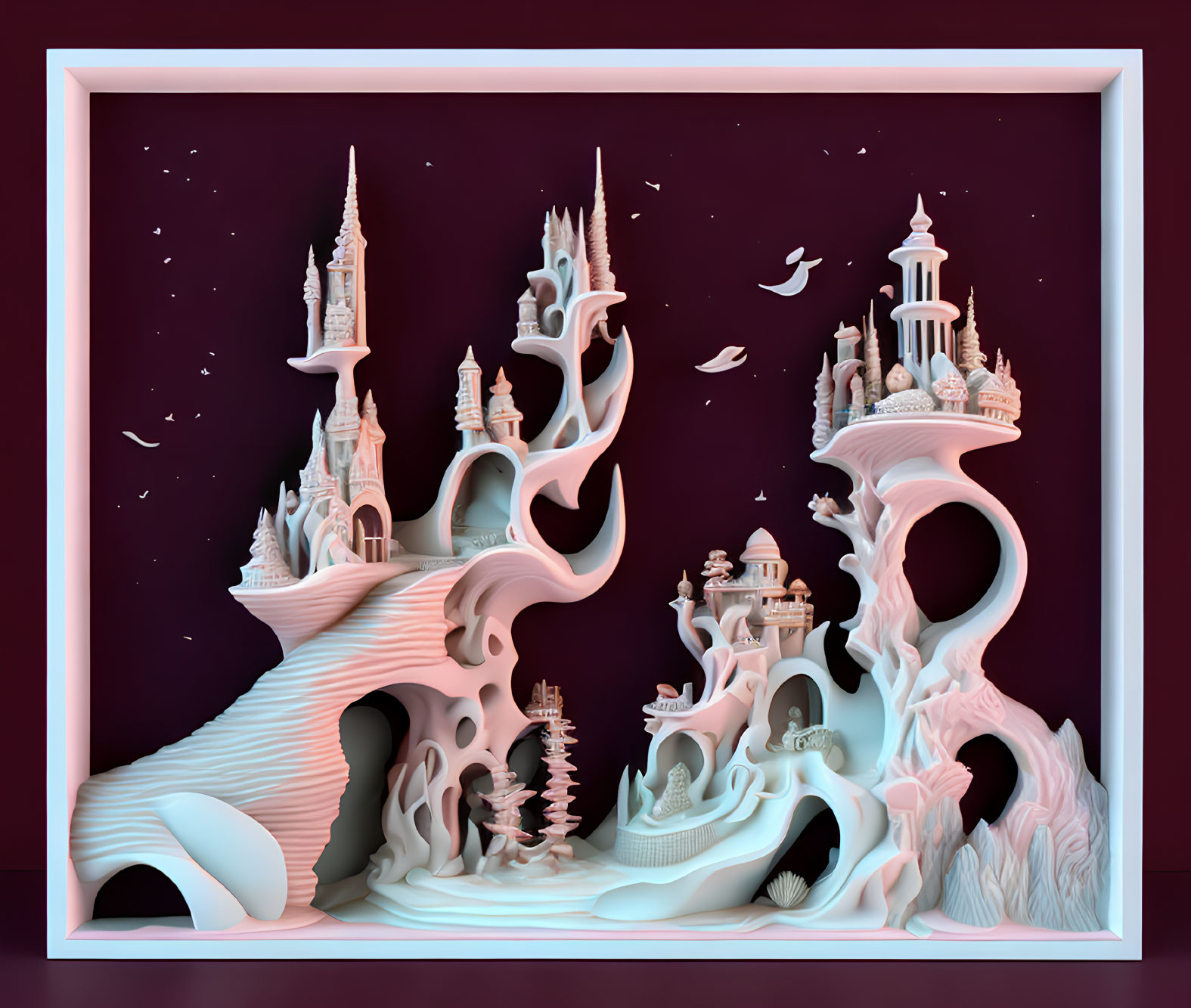 Fantasy 3D paper art diorama of white castles in a purple backdrop