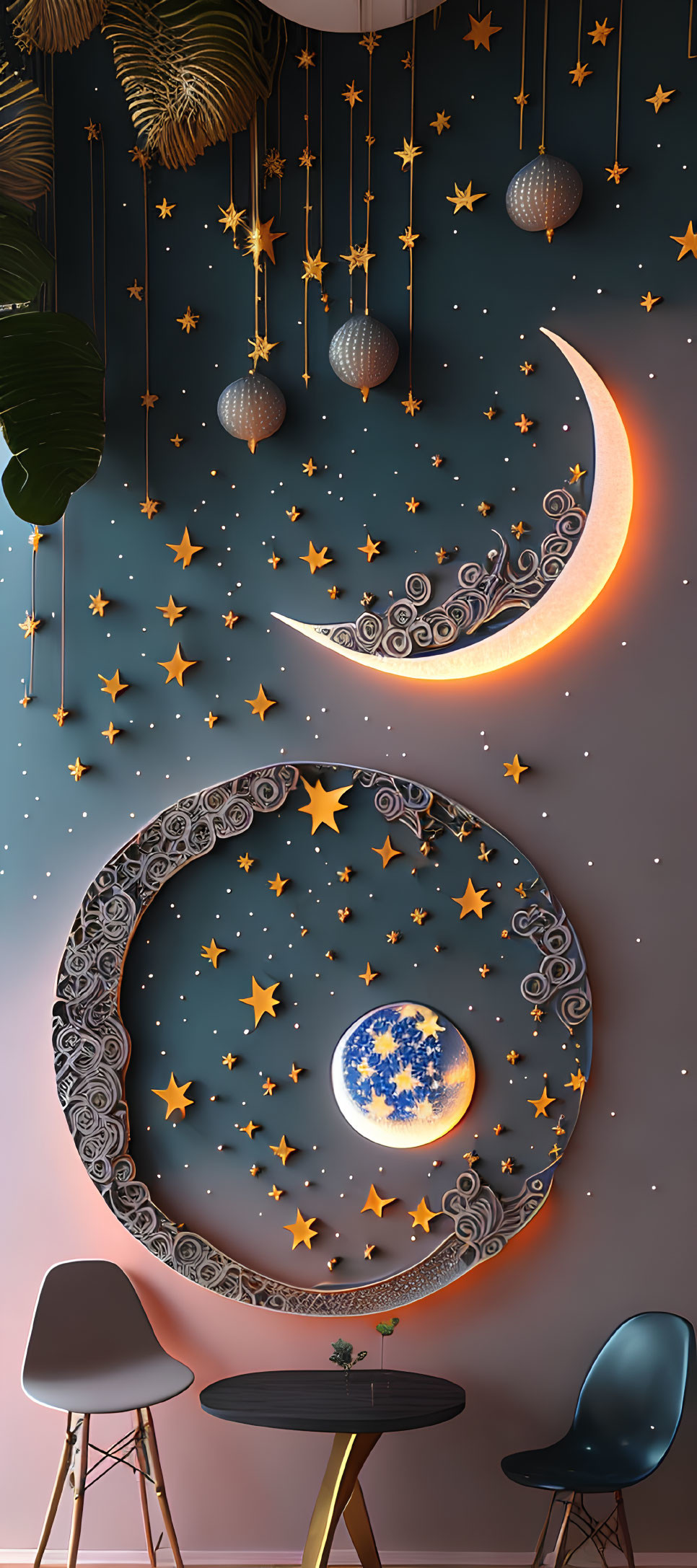 Celestial-themed room with crescent moon, stars, planets, and round mirror