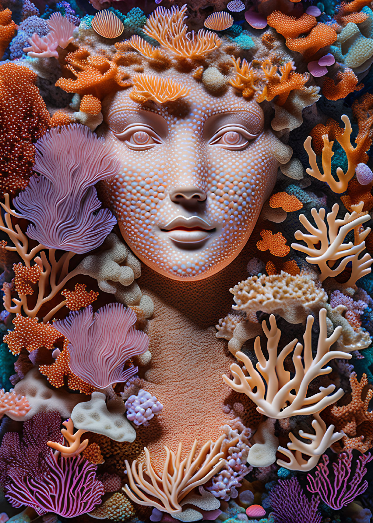 Sculpted face emerging from vibrant coral and sea anemones in marine life mosaic