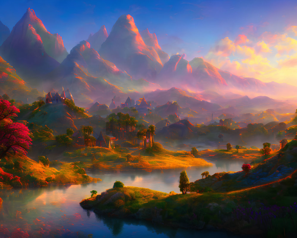 Fantasy landscape with castle, mountains, and river at sunset