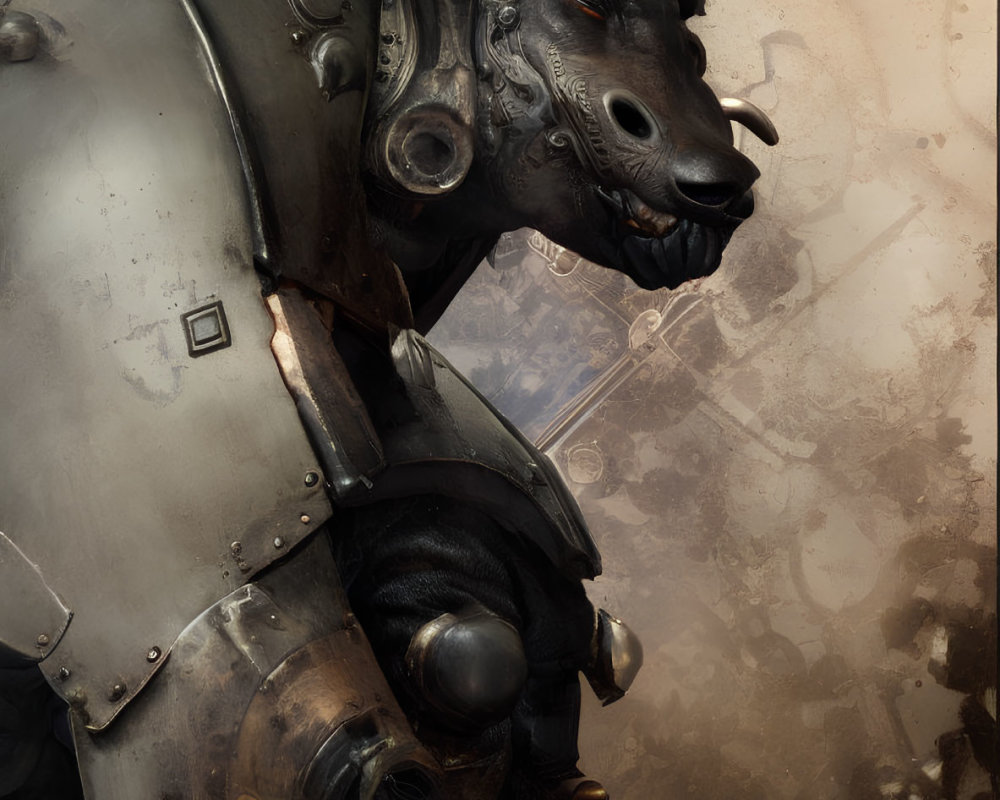 Detailed Illustration of Mechanized Bull Creature with Horns and Metallic Armor