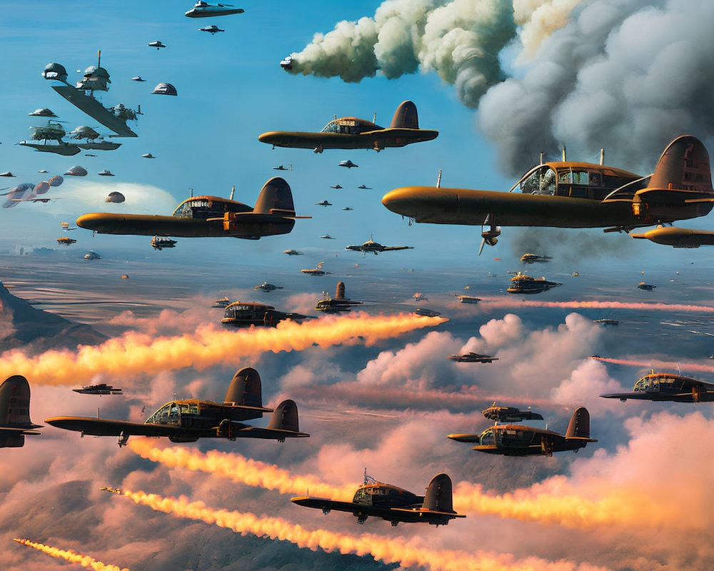 Historic aircraft formation with colorful smoke trails in aerial combat.
