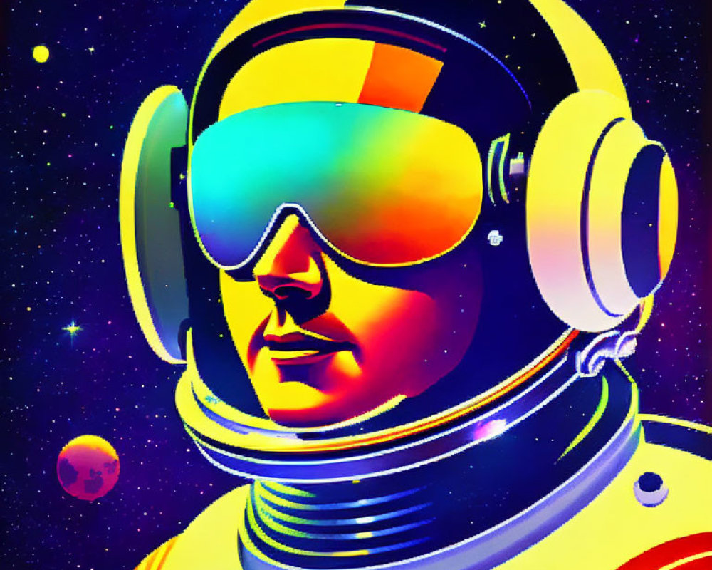 Colorful astronaut illustration in space with planets.