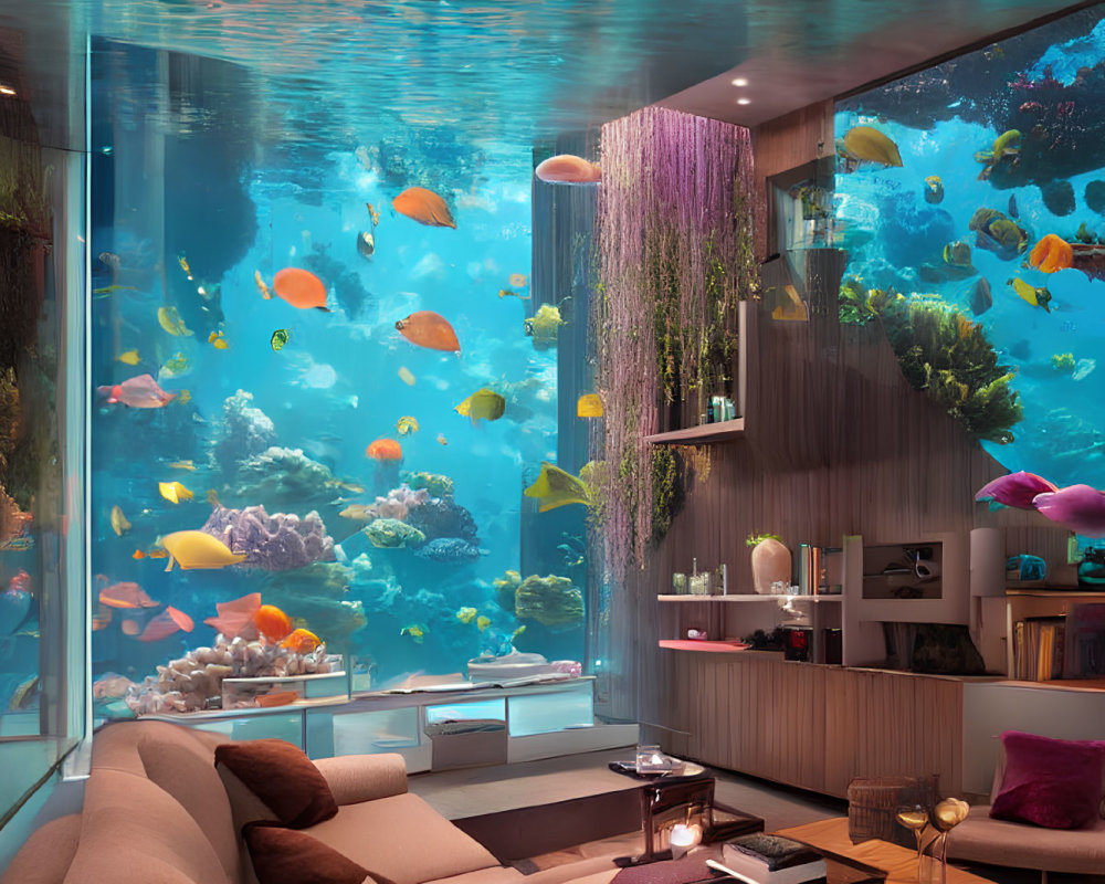 Luxurious room with modern decor and vibrant aquarium wall