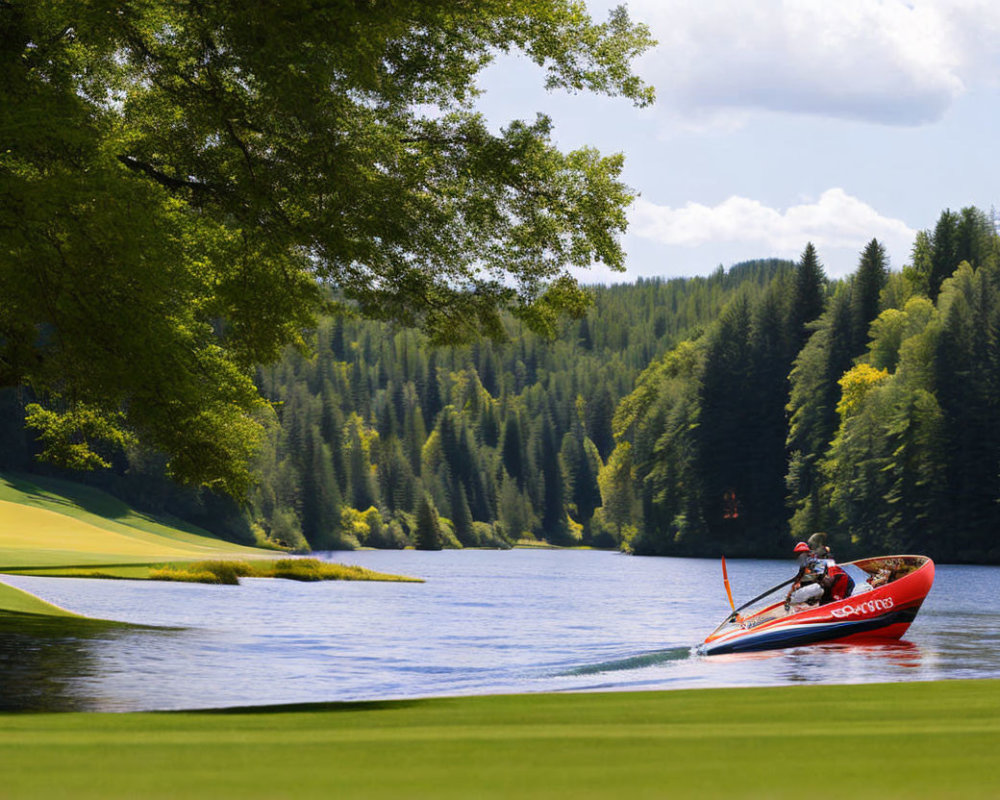 Serene lake scene: two people rowing inflatable boat amid lush greenery