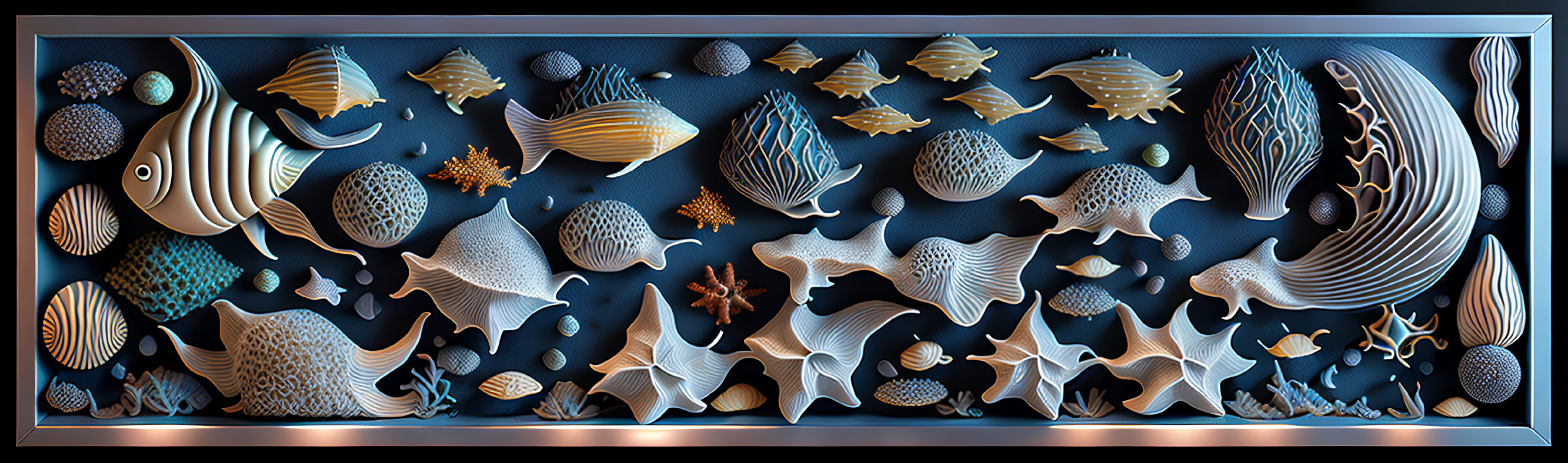 Stylized 3D artwork of sea creatures and shells in gold, blue, and cream on