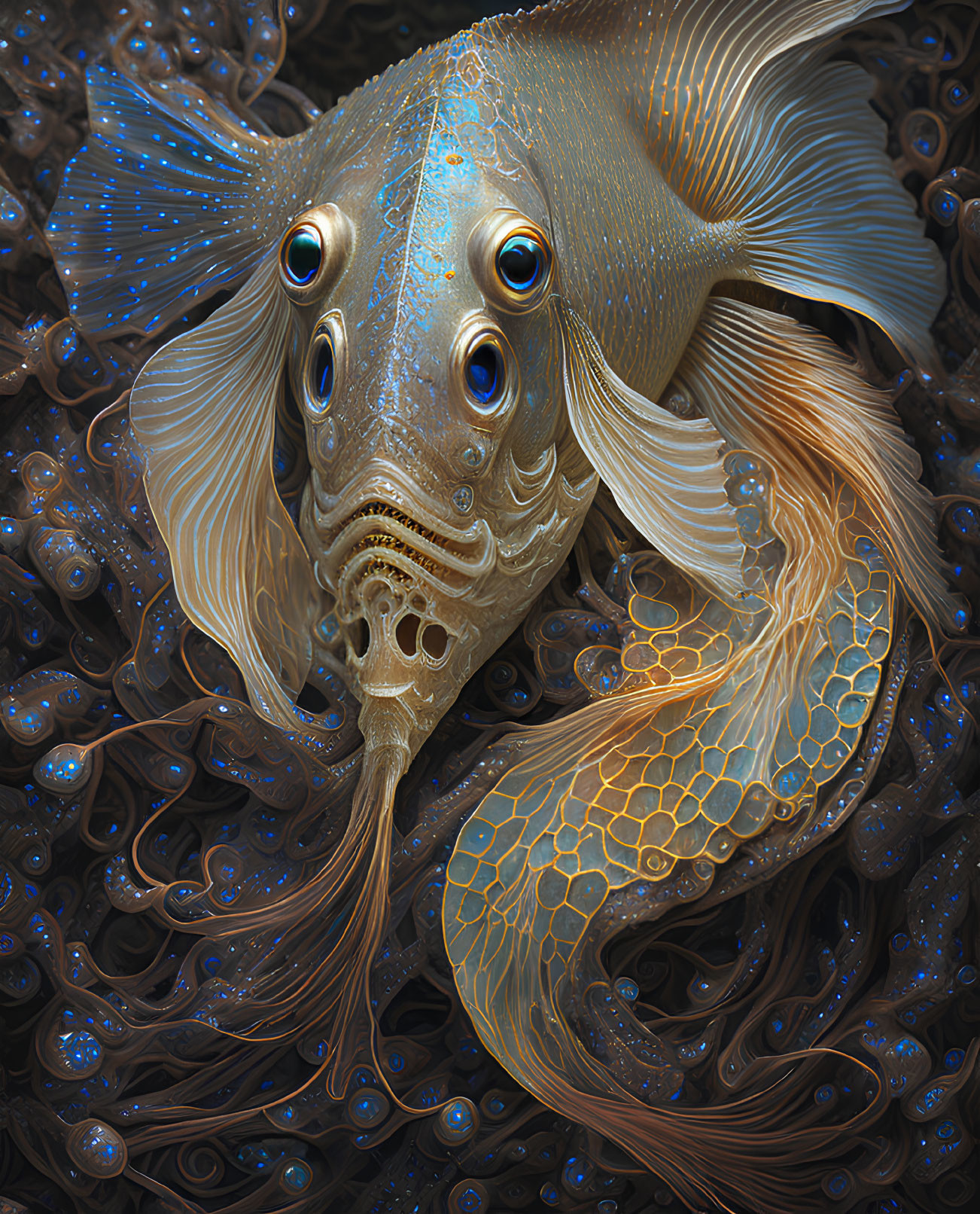 Intricate gold and blue patterned surreal fish with multiple eyes