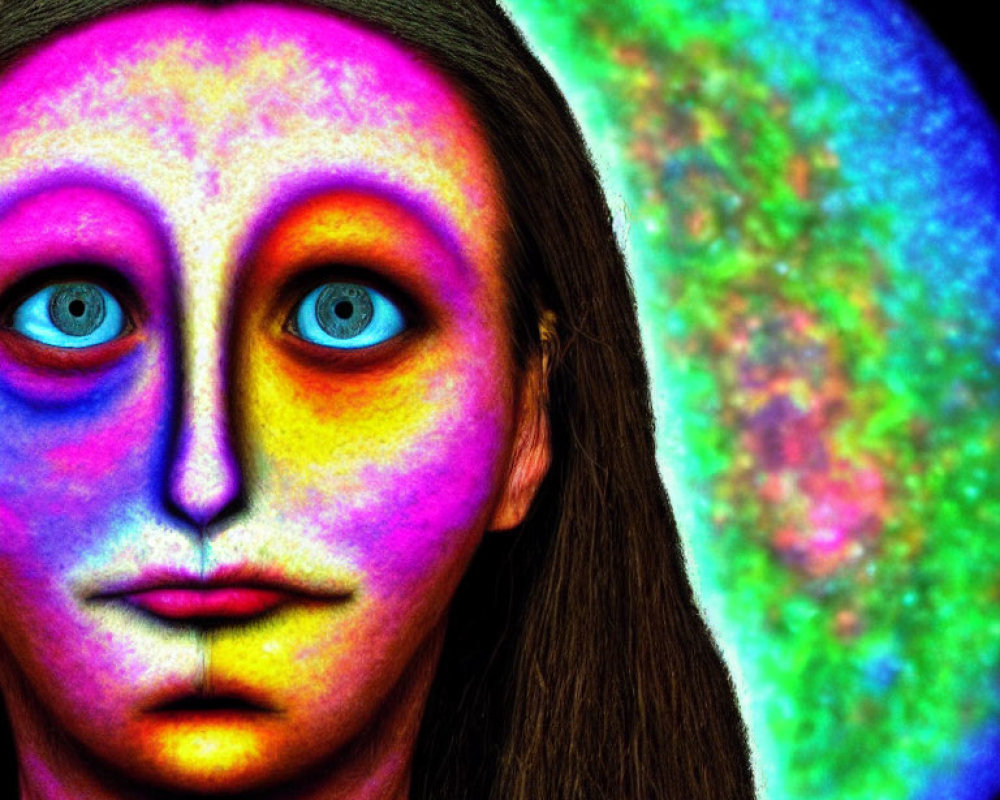 Vibrant digital art portrait with multicolored face paint and blue eyes