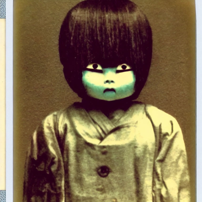 Person in vintage attire with blue face and dark bob haircut.