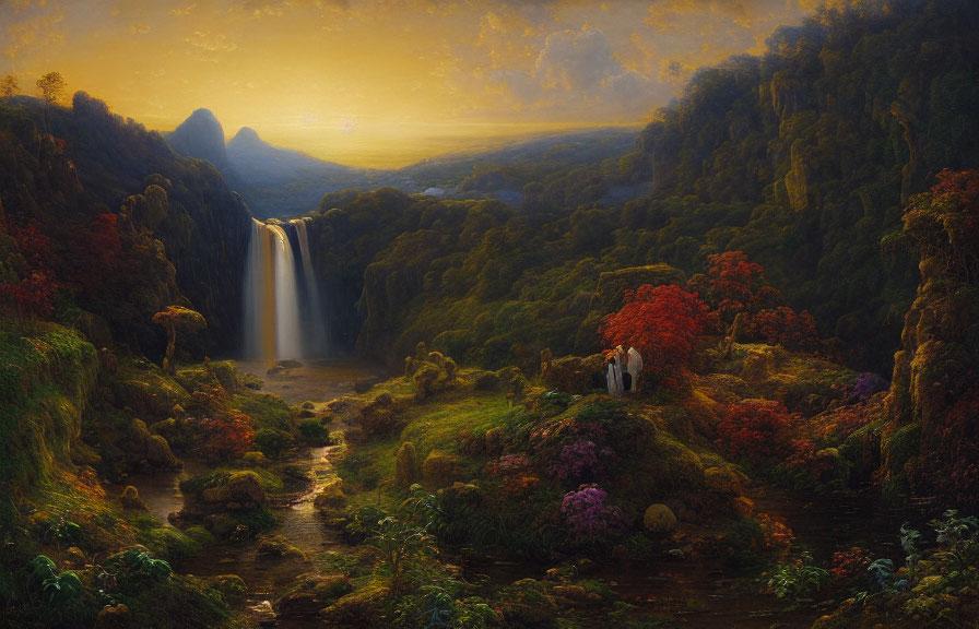 Scenic landscape with waterfall, lush greenery, colorful flora, and two individuals at sunset