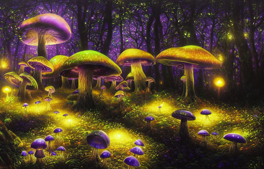 Enchanting forest scene with oversized purple mushrooms and glowing orbs