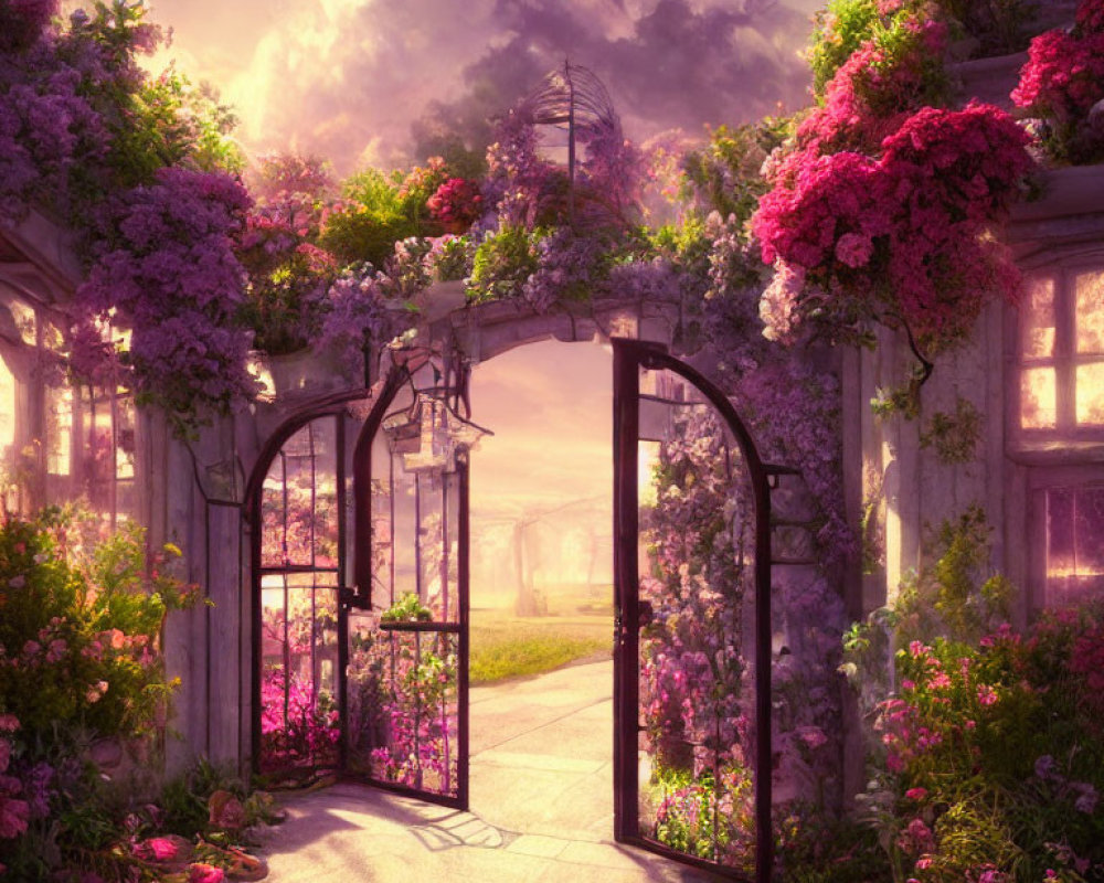 Wrought iron gate with stone pillars and overgrown flowers on misty path
