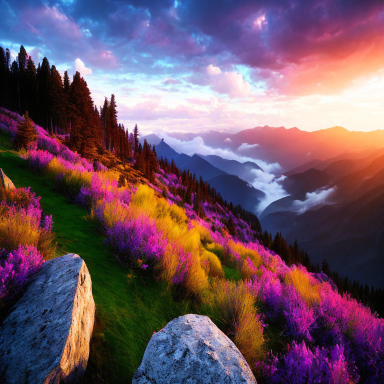 Scenic sunset over mountain landscape with wildflowers, trees, and clouds