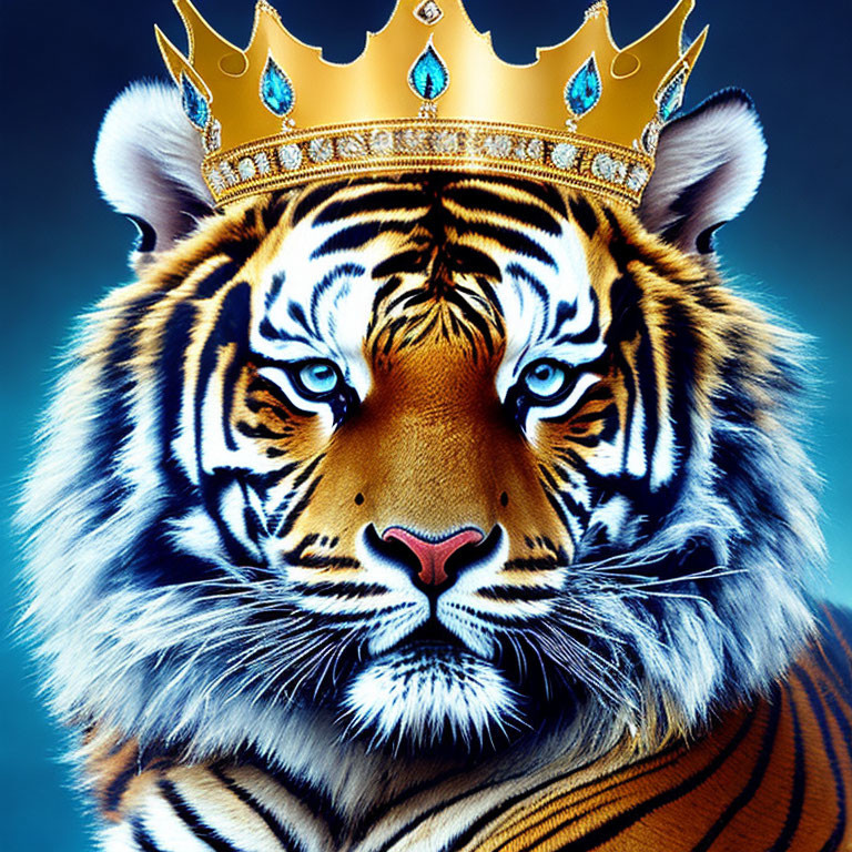 Majestic tiger with blue eyes in golden crown on blue background