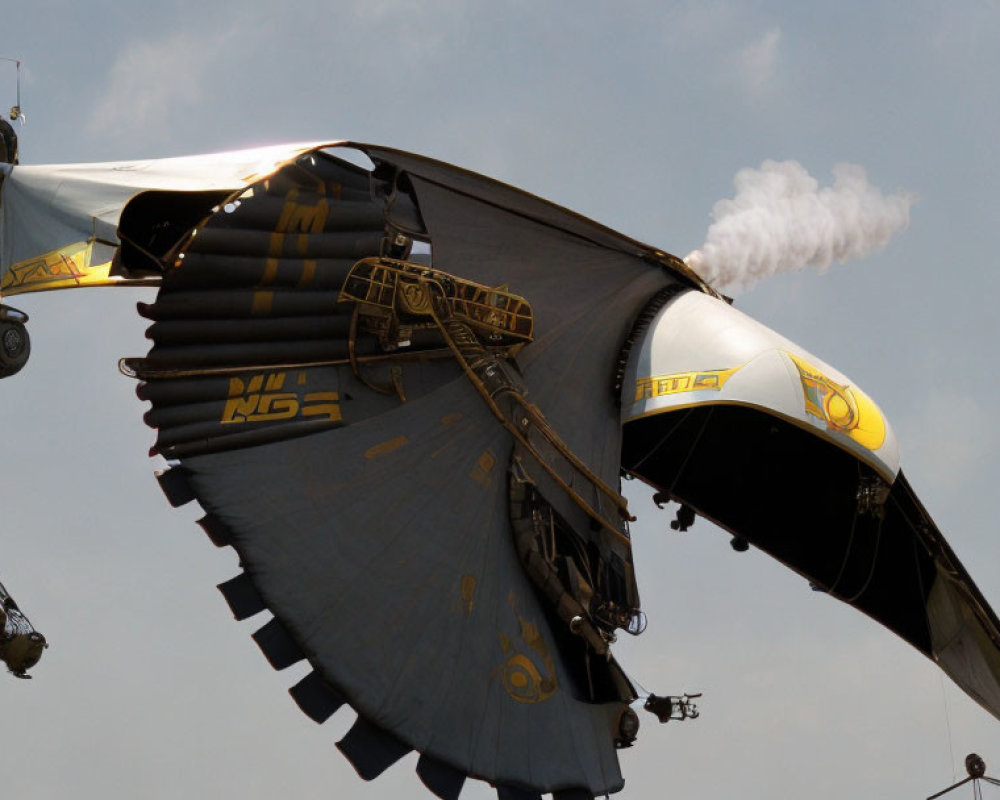 Mechanical bird wing emitting smoke with visible gears and hanging machines