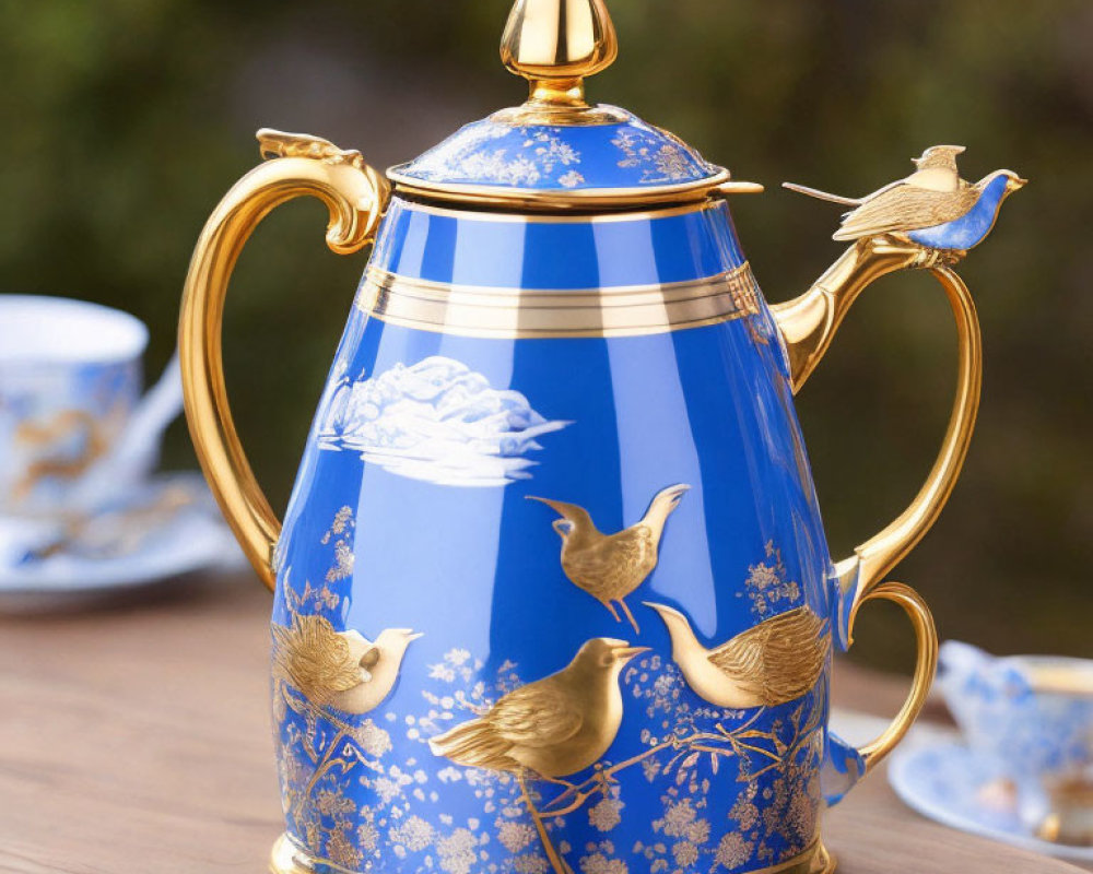 Blue and Gold Bird Motif Teapot and Cups on Wooden Table