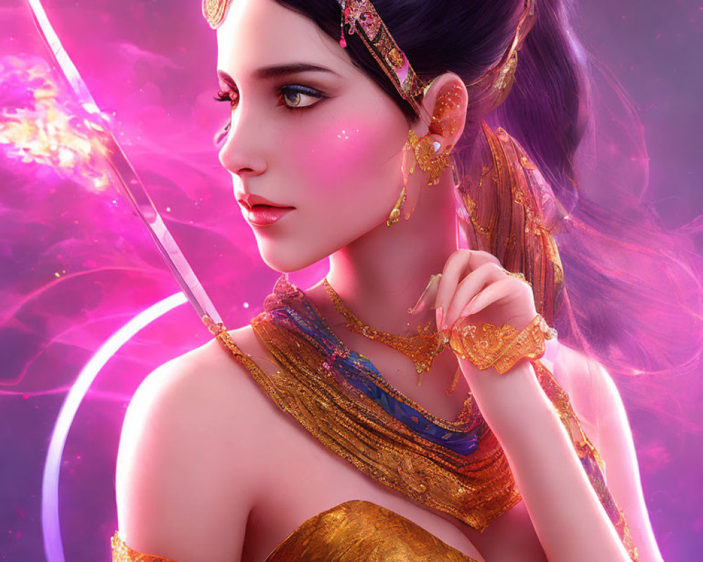 Digital art portrait: Elf woman with golden jewelry, pink spear, whimsical purple background
