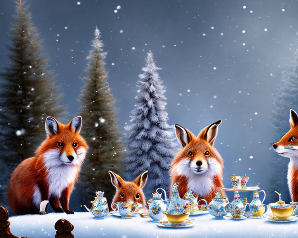 Foxes and bunnies at snowy outdoor tea party with starry sky.