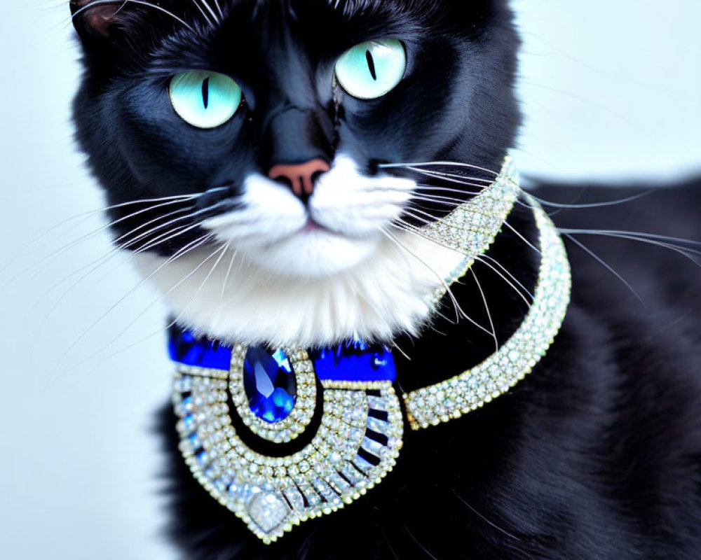 Black Cat with Blue Eyes and Jeweled Necklace