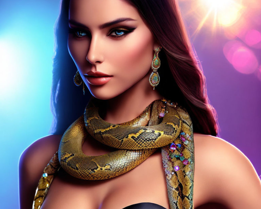 Vibrant makeup woman with live snake on blue and purple background