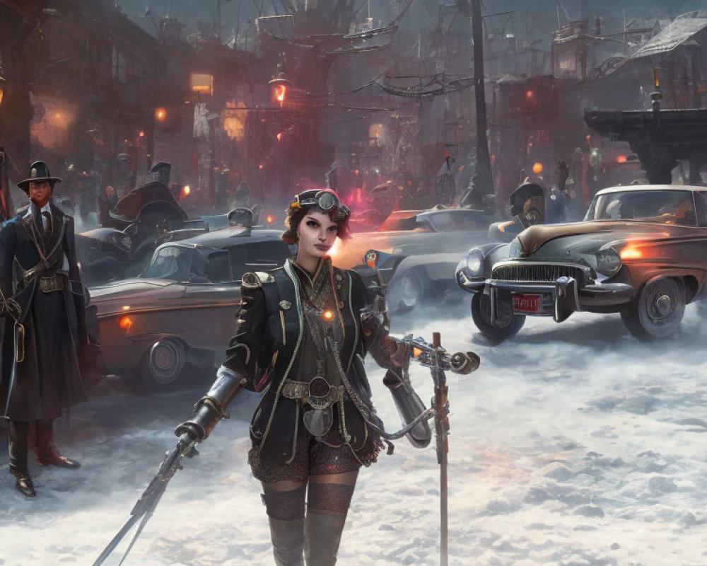 Steampunk-themed scene with vintage attire, goggles, classic cars, and industrial city backdrop