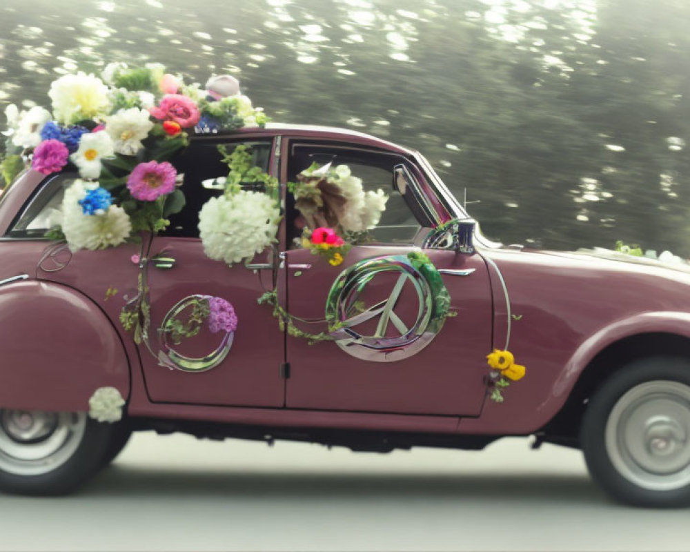 Vintage Car Adorned with Colorful Flowers in Motion