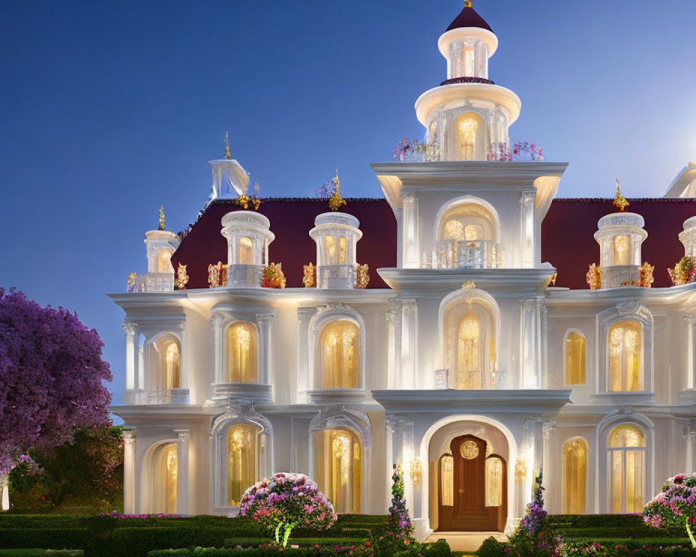 Elegant white multi-tiered building with golden accents in dusk setting