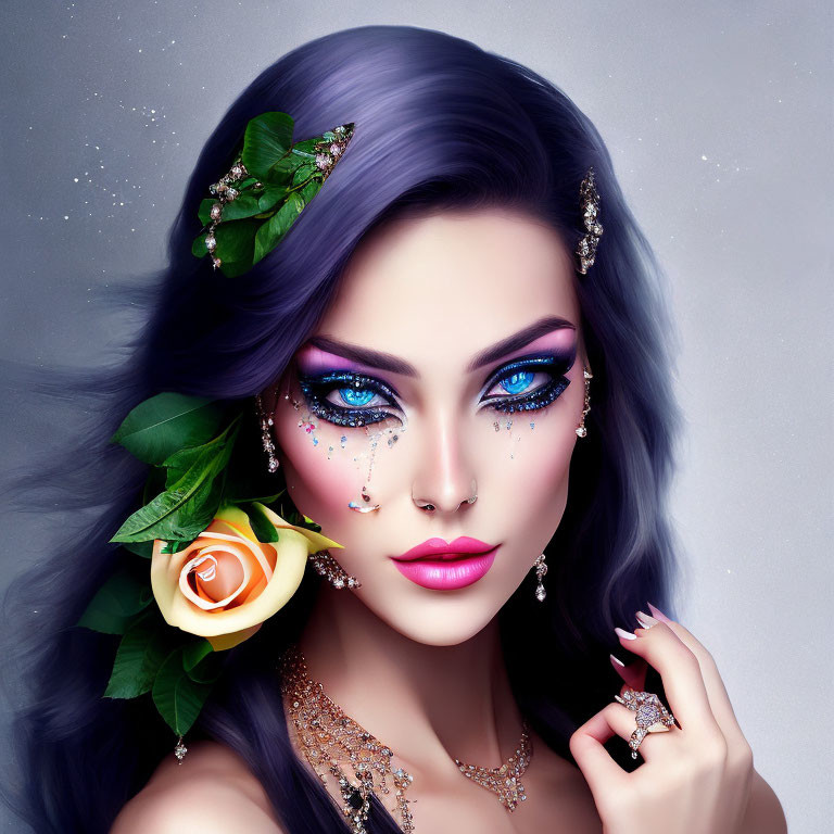 Portrait of woman with purple hair, blue eye makeup, yellow rose, and jewelry