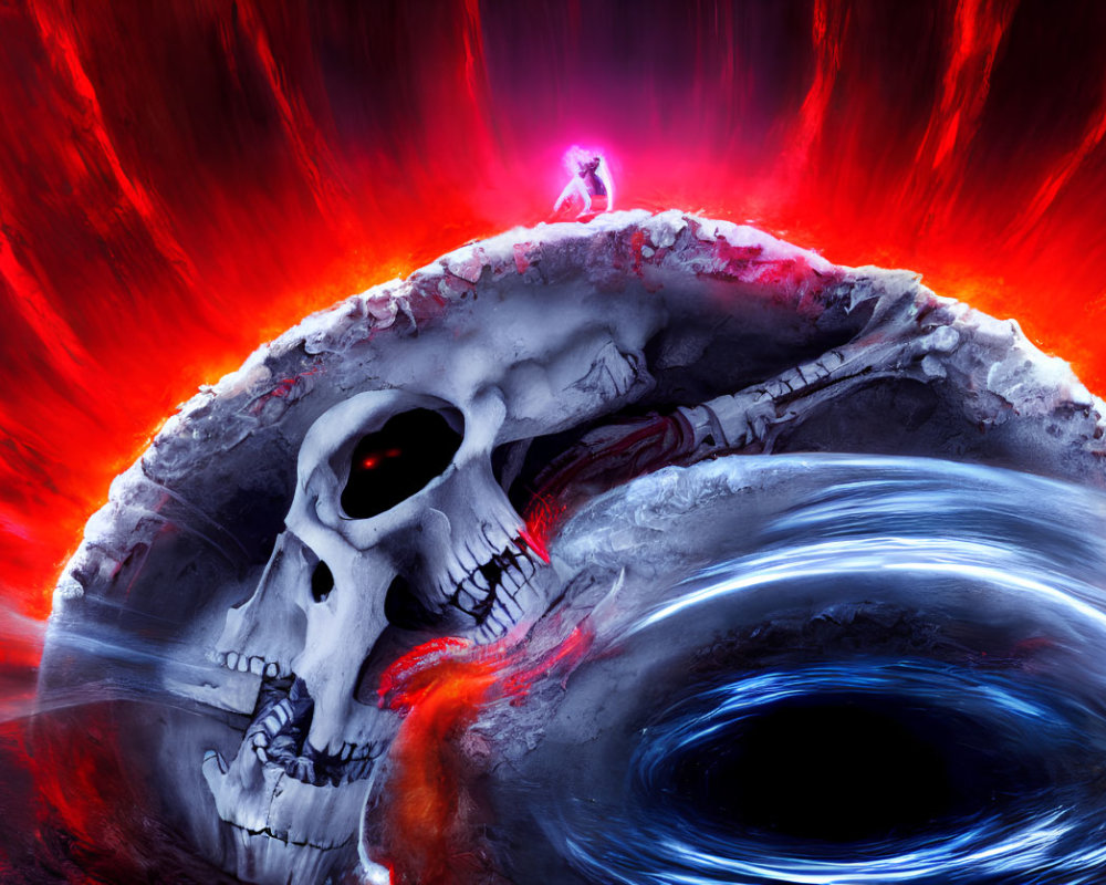 Person standing on skeletal landform under swirling blue vortex and red skies