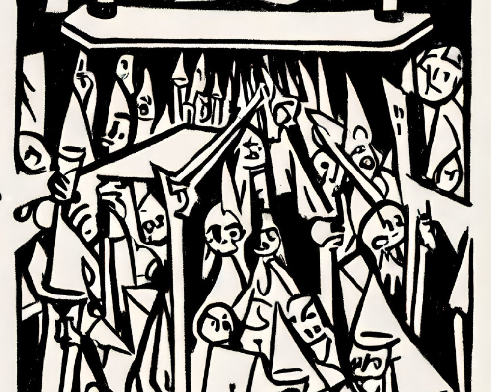 Expressionist Woodcut-Style Image: Anguished Crowd Under Dark Shapes