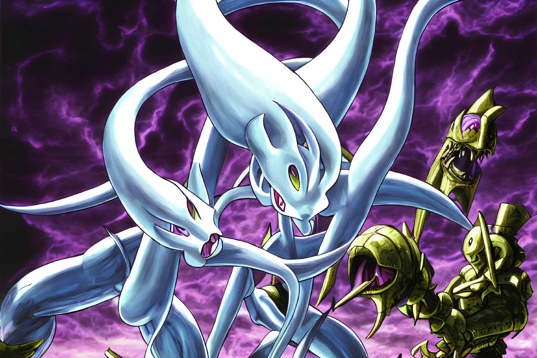 Illustration of Blue-Eyes White Dragon with armored warriors in purple cloud backdrop