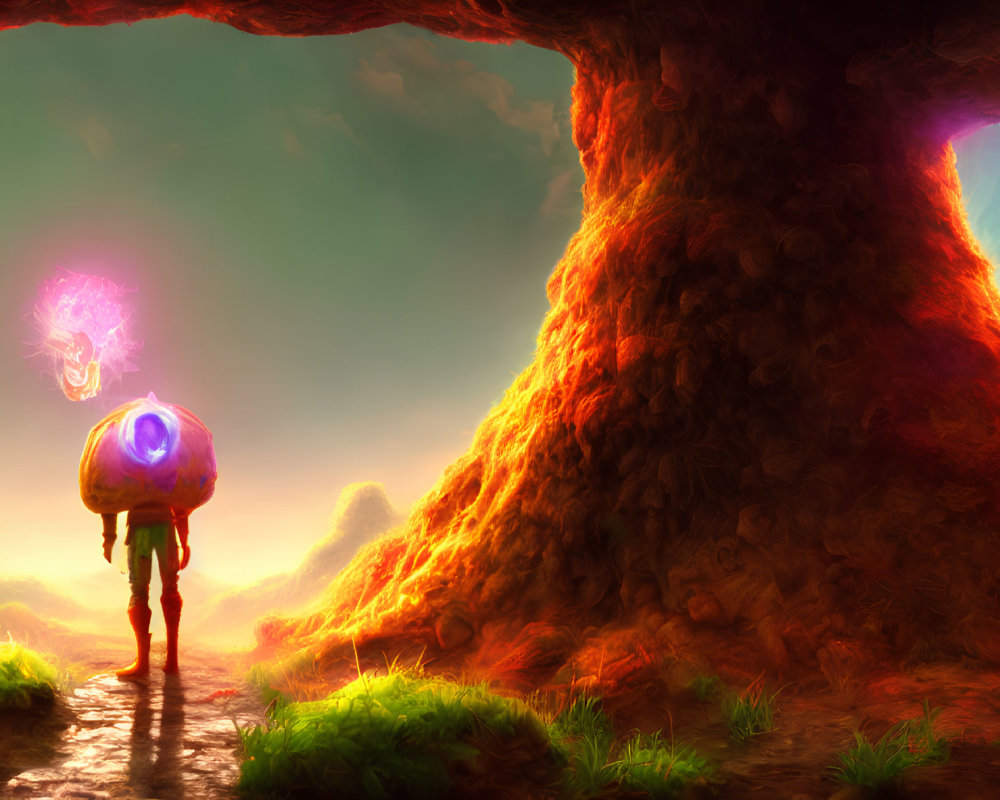 Figure with glowing orb walking towards large tree in colorful, dreamy landscape