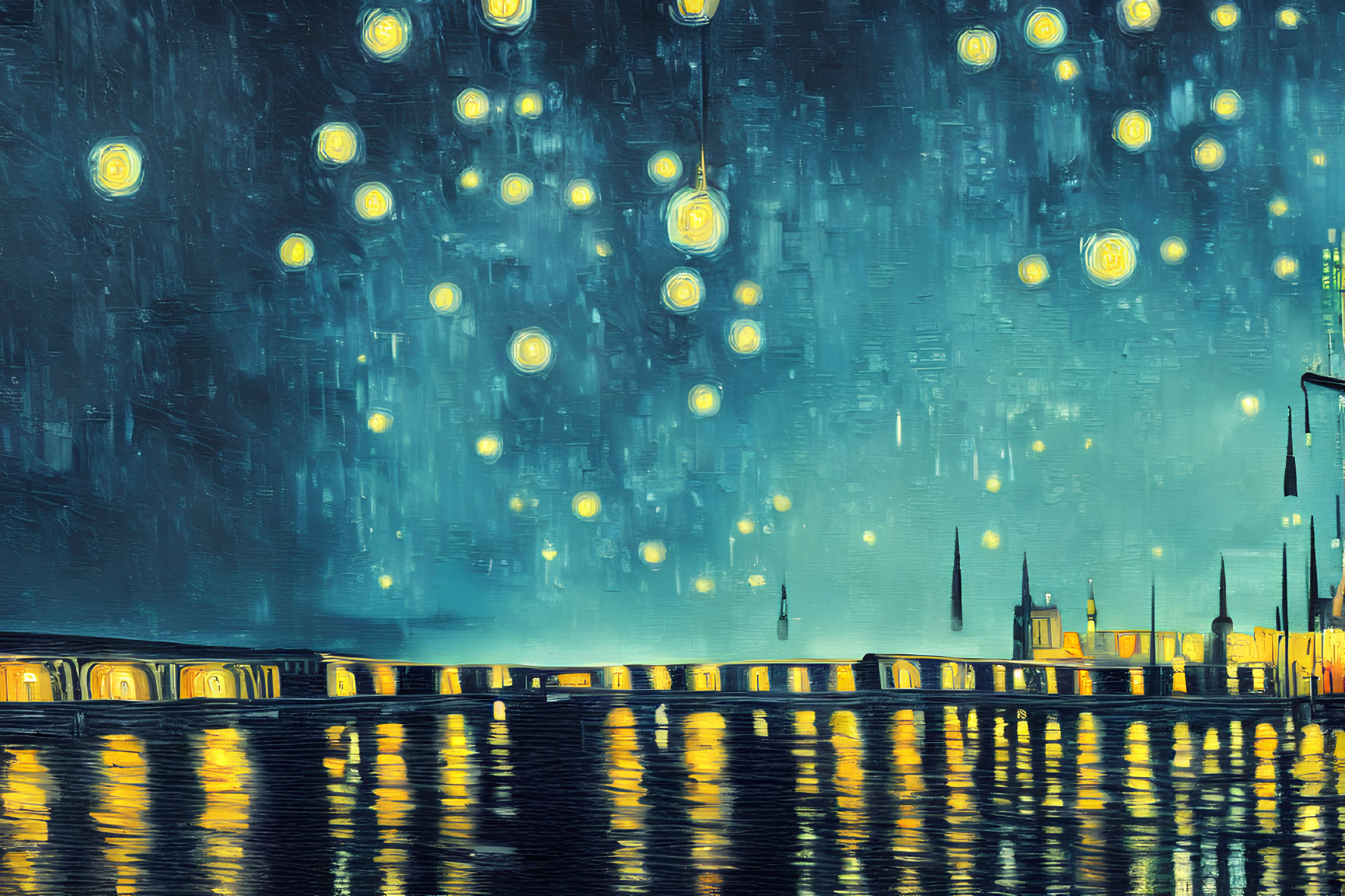 Nightscape with starry illumination and bridge reflection
