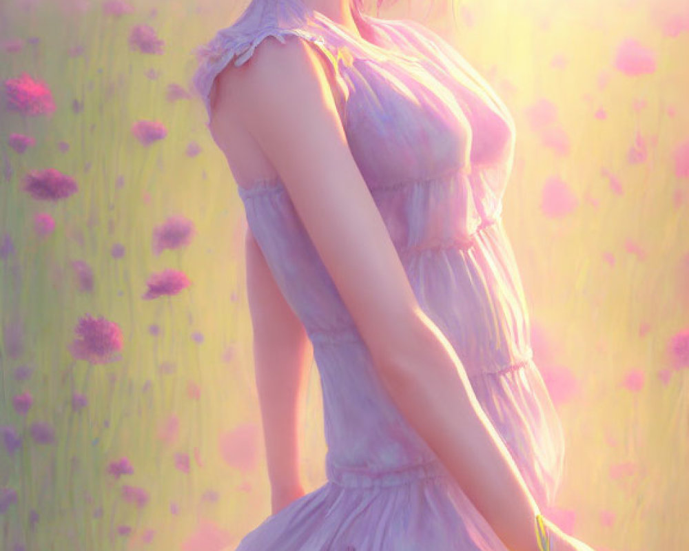 Young woman in pink flower field under warm light