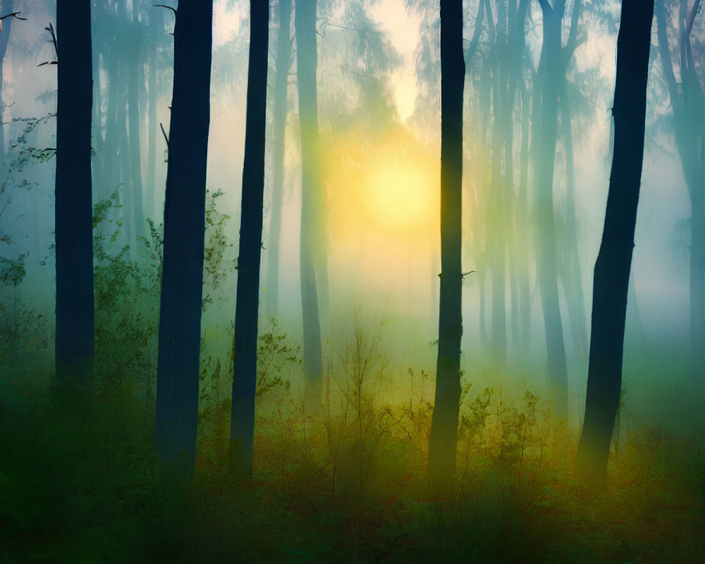 Mystical forest with sunlight filtering through fog