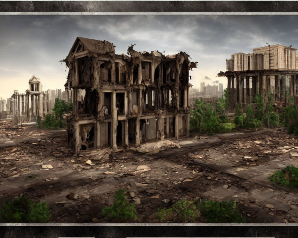 Dilapidated post-apocalyptic cityscape under overcast skies