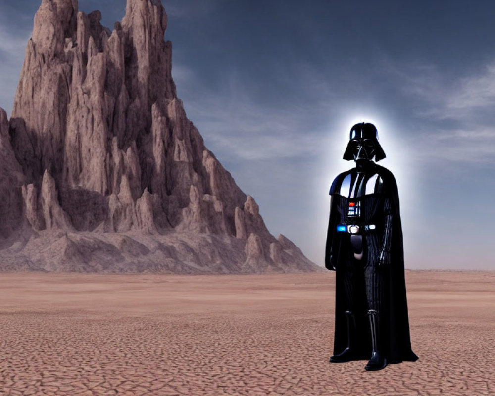 Mysterious figure in Darth Vader-like suit in desert landscape