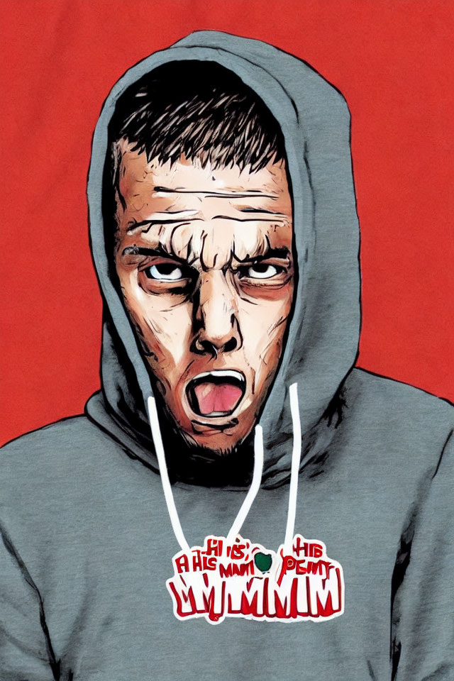 Intense gaze person in grey hoodie on red background
