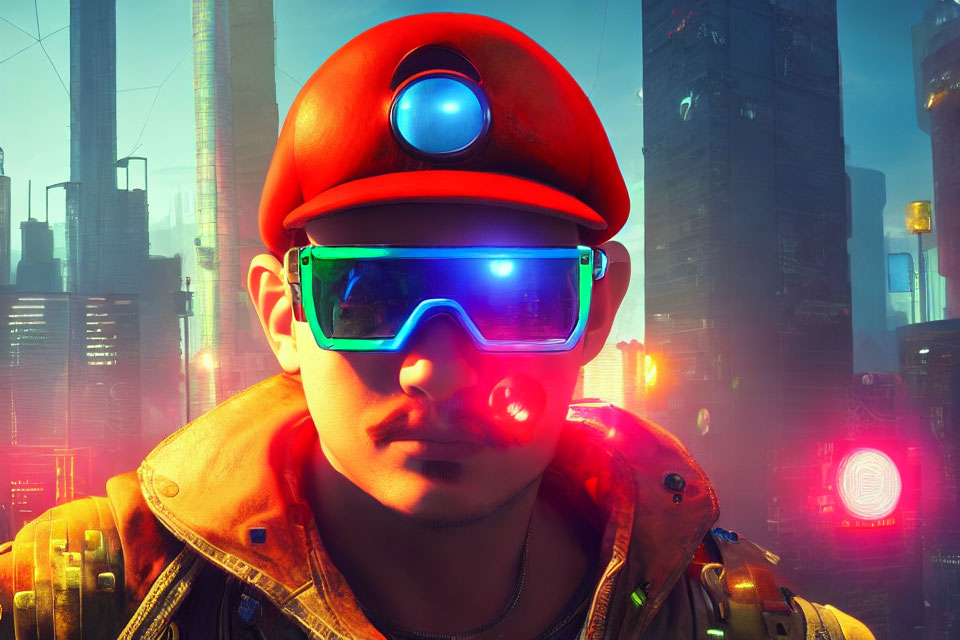 Person in Red Cap and Futuristic Glasses in Front of Neon Cityscape