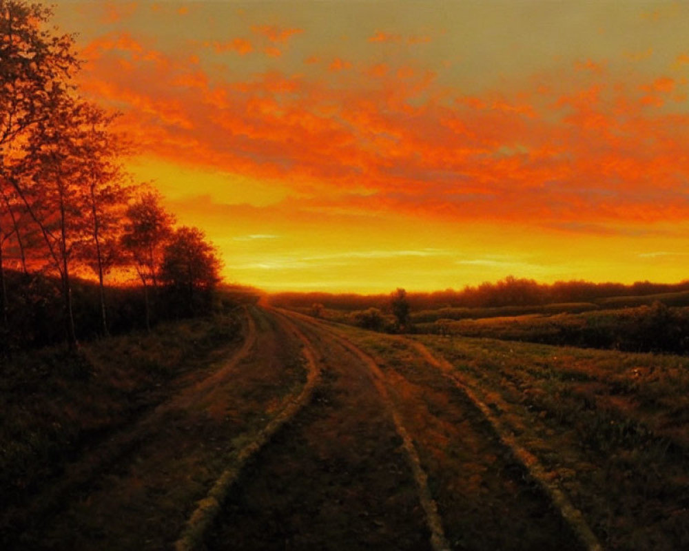 Dirt road through field under vibrant sunset sky with trees