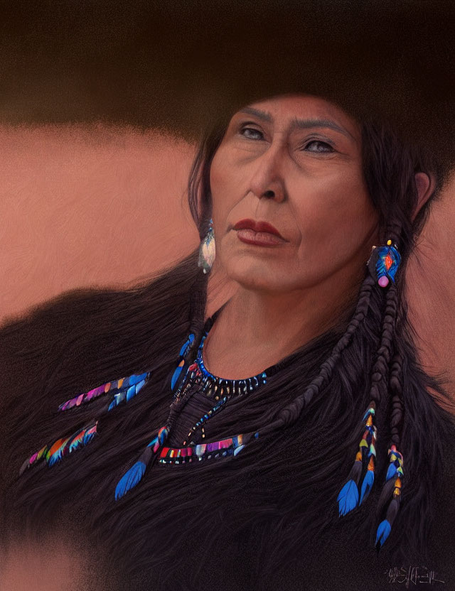 Portrait of indigenous woman with long braided hair and beads, wearing necklace