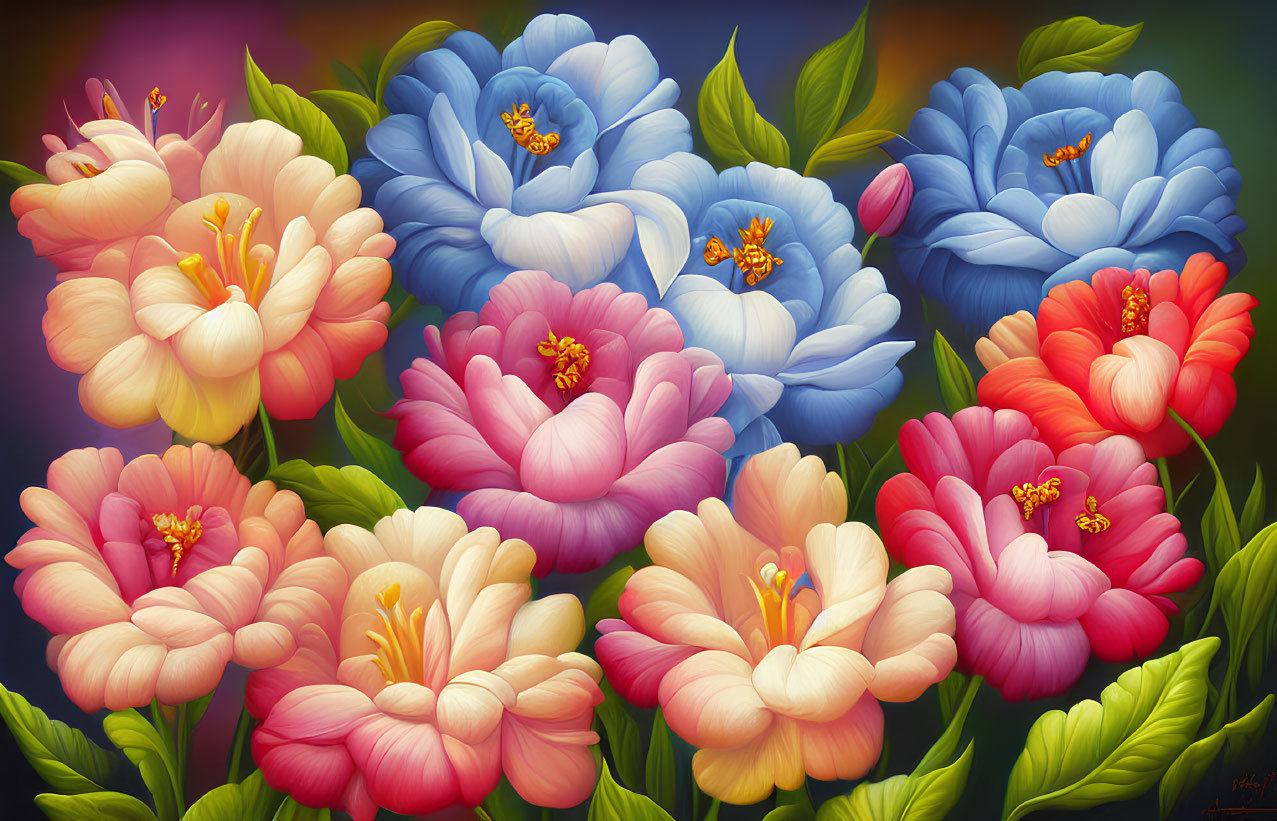Colorful illustrated flowers in blue, pink, orange, and yellow on gradient backdrop